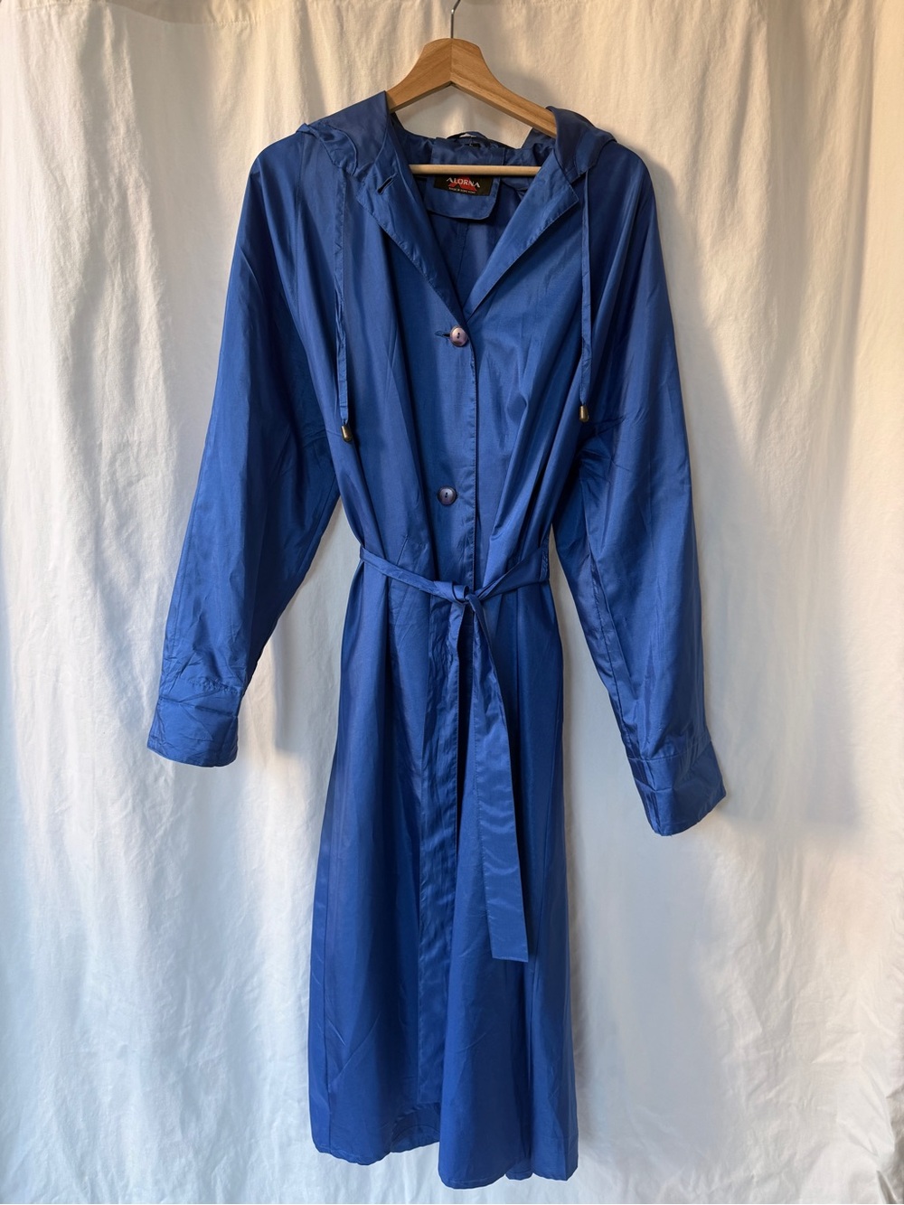 Hooded Long-Sleeve Belted Trench Coat in Blue